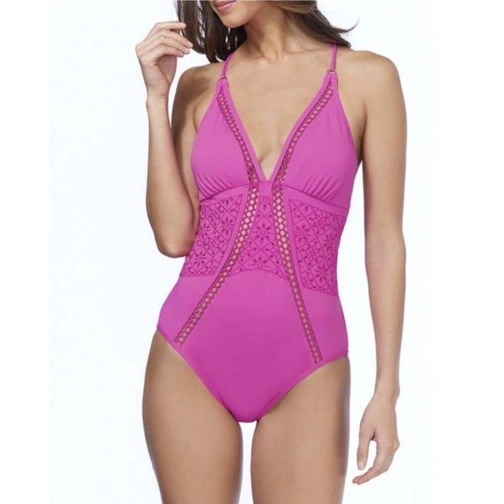 Ambrielle Swimsuit Womens Large Bright Pink Onepiece Strappy Eyelet Coquette